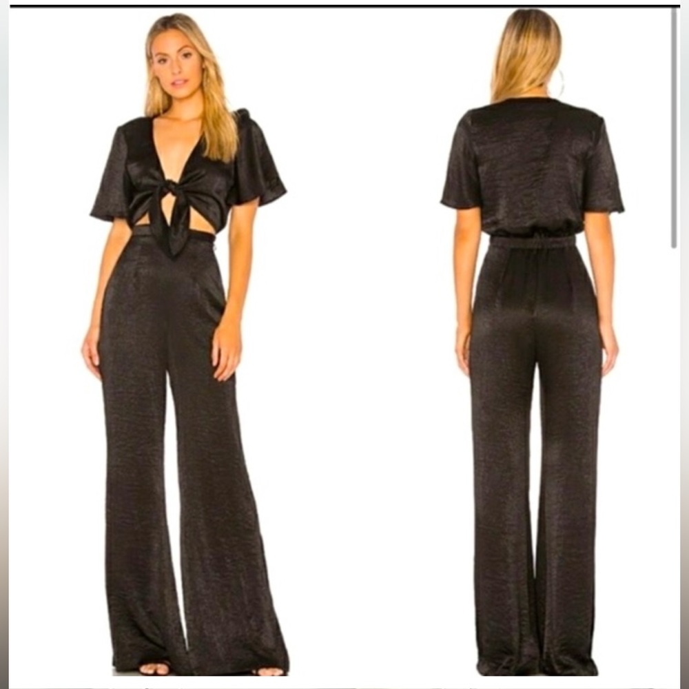 Show Me Your MuMu tie front satin black Jenna jumpsuit w/ flutter sleeves